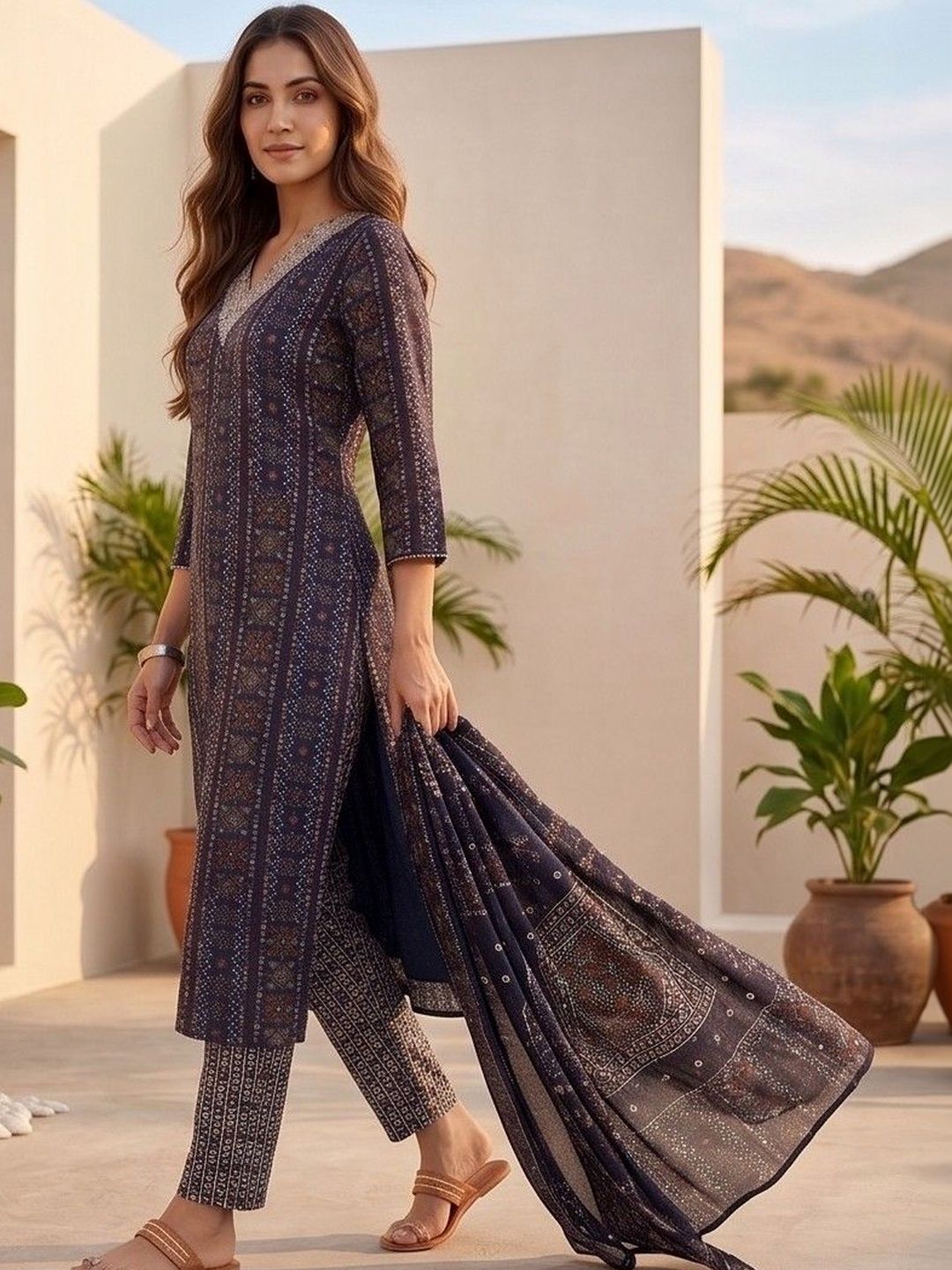 Navy Blue Women Ethnic Motifs Printed Regular Thread Work Kurta with Trousers & With Dupatta
