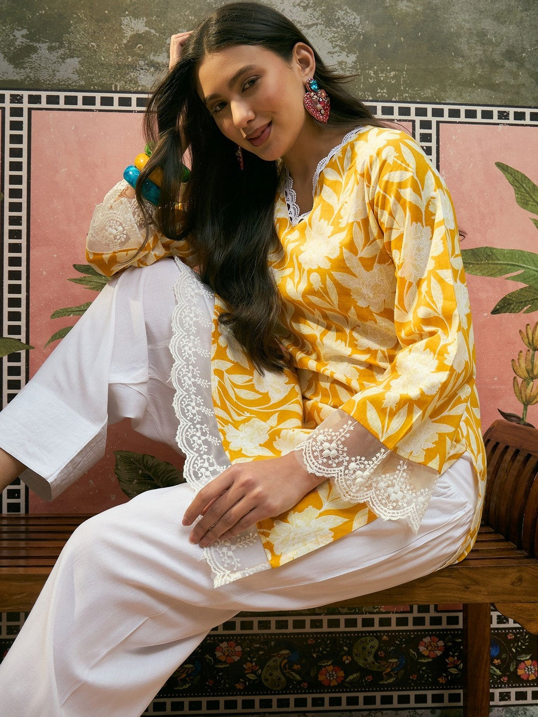 Dhiyona SN Printed Pure Cotton V-Neck Kurti & Salwar