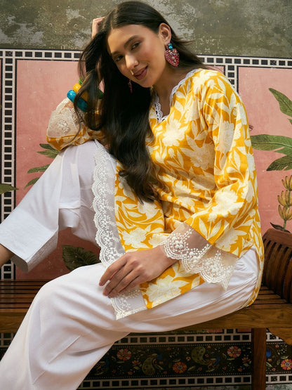 Printed Pure Cotton V-Neck Kurti & Salwar