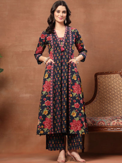 Printed Pure Cotton V-Neck Kurta & Palazzos Kurta Set