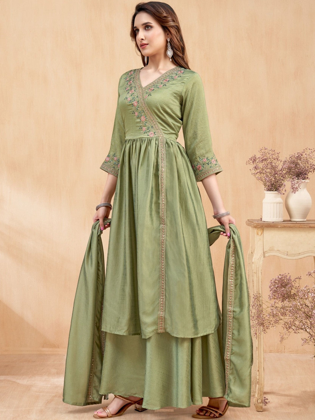 Embroidered V-Neck Kurta Trousers & Dupatta