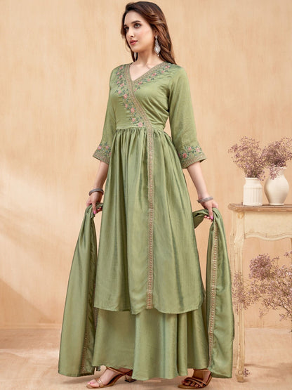 Embroidered V-Neck Kurta Trousers & Dupatta