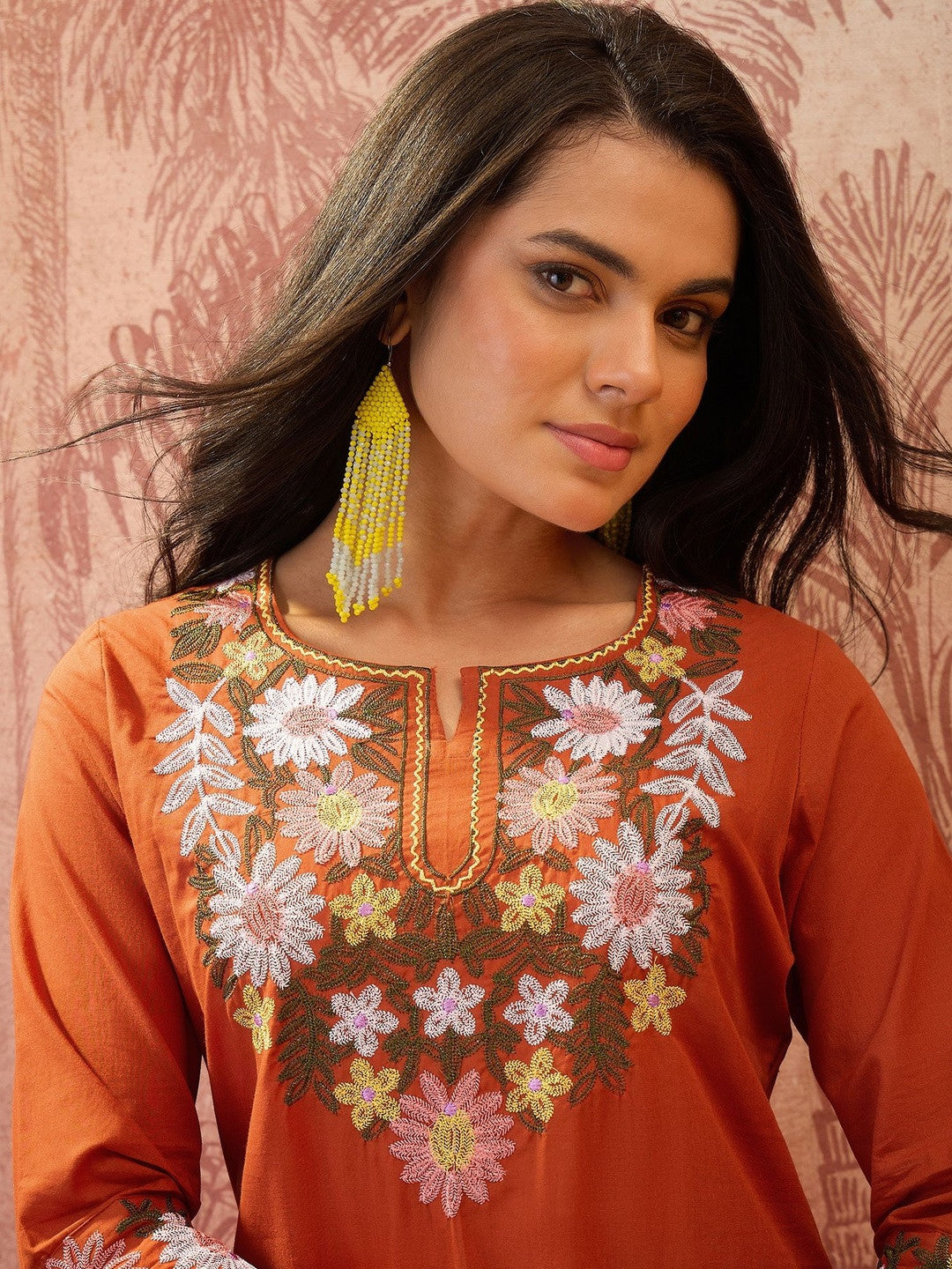 Women Floral Embroidered Regular Thread Work Pure Cotton Kurti with Trousers