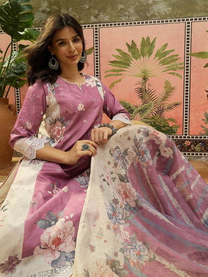 Women Floral Printed Regular Linen Kurta with Trousers & With Dupatta