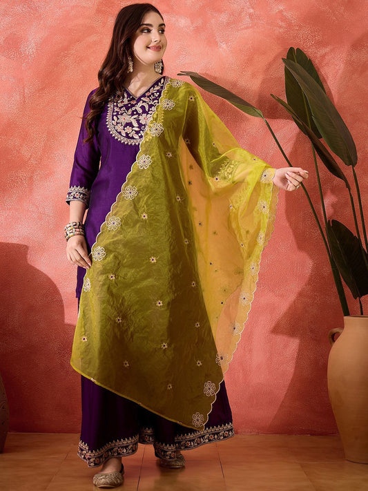 Dhiyona SN Embroidered Kurta & Palazzos With Dupatta