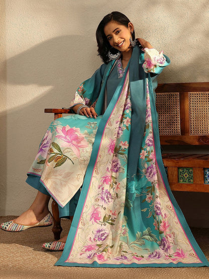 Women Floral Printed Regular Thread Work Kurta with Trousers & With Dupatta