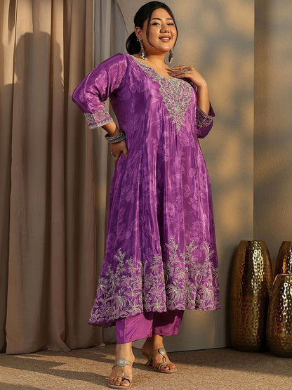 Dhiyona Women's Plus Size Ethnic Motifs Embroidered Kurta with Trouser & Dupatta