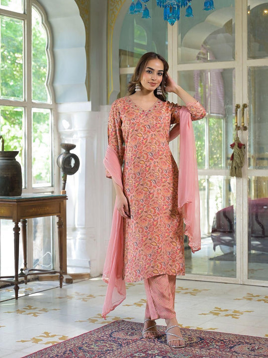 Dhiyona KL Women Peach Silk Blend Kurta With Trousers & Dupatta