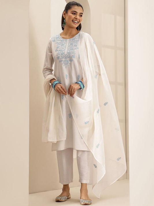 Floral Embroidered Thread Work Straight Kurta with Trouser & Dupatta