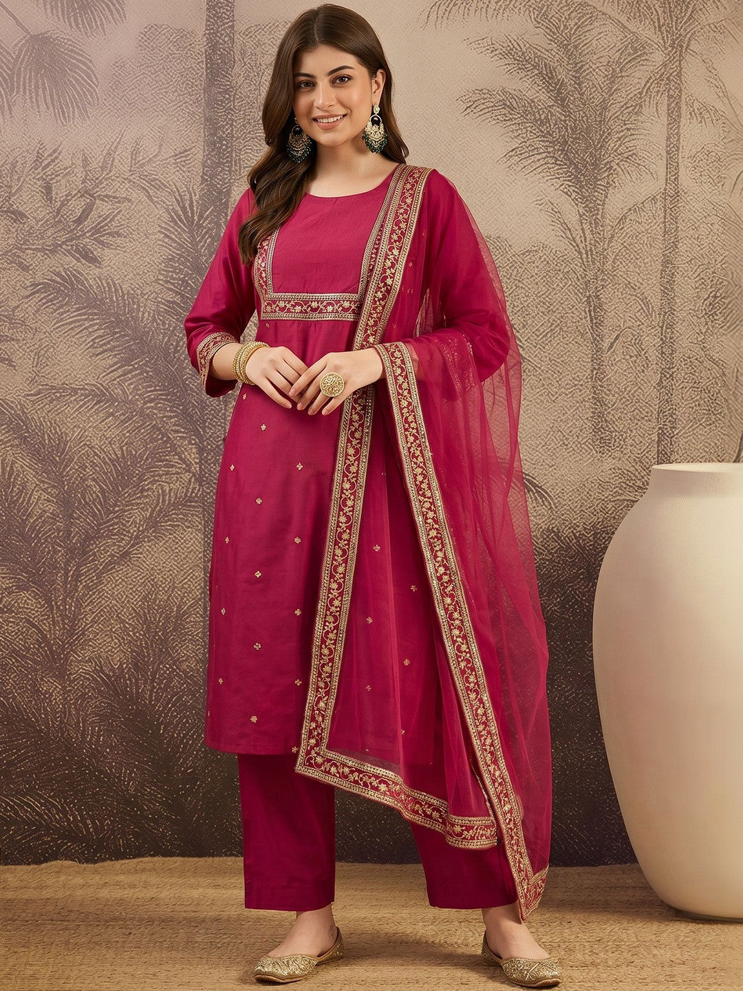 Dhiyona SN Embroidered Round Neck Kurta & Trousers With Dupatta Set