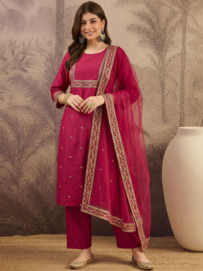Embroidered Round Neck Kurta & Trousers With Dupatta Set