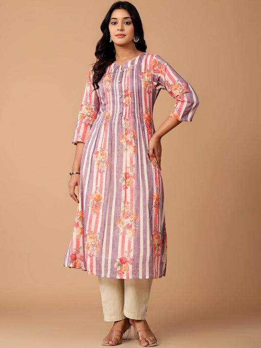 Floral Printed Pleated Pure Cotton A-Line Kurta with Trousers