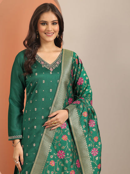 Dhiyona LL Floral Embroidered V-Neck Thread Work Straight Kurta With Palazzos & Dupatta
