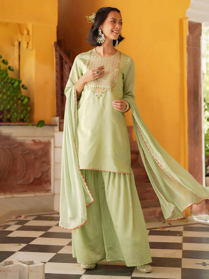 Dhiyona SC Floral Yoke Design Zari Chanderi Silk Straight Kurti With Sharara & Dupatta