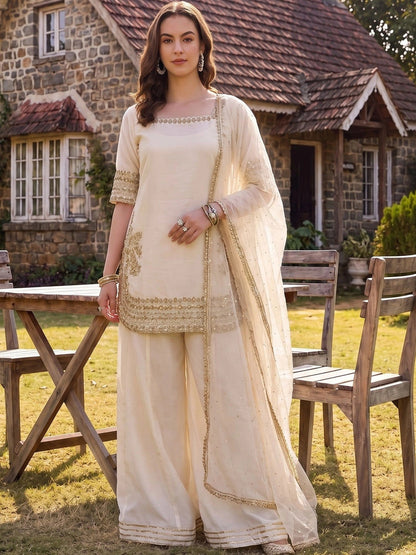 Women Ethnic Motifs Embroidered Regular Silk Chiffon Kurta with Sharara & With Dupatta