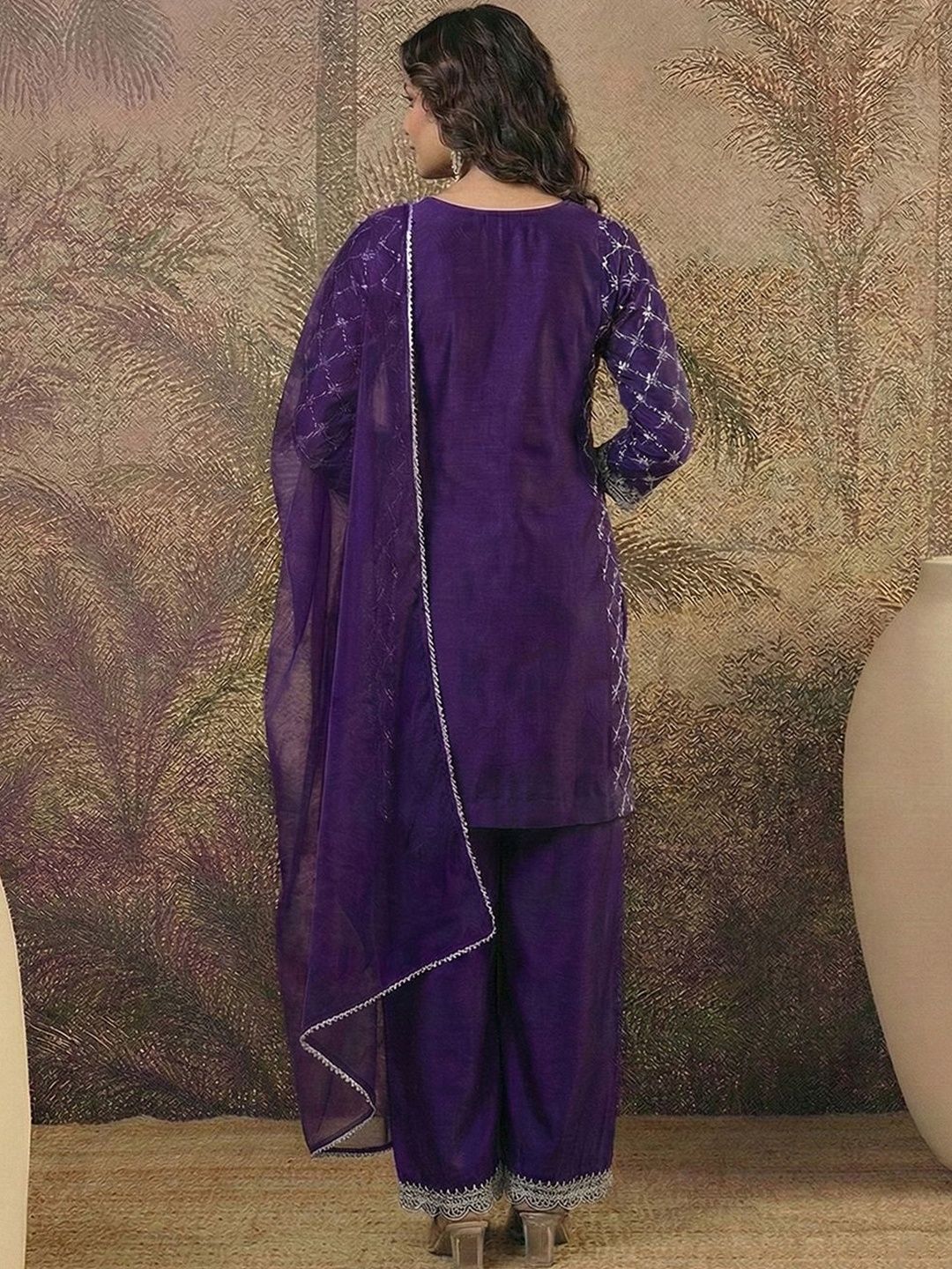 Dhiyona SN Embroidered Round Neck Straight Kurta & Palazzos With Dupatta