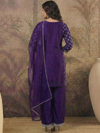 Dhiyona SN Embroidered Round Neck Straight Kurta & Palazzos With Dupatta