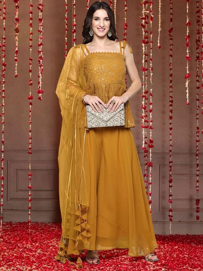 Dhiyona SN Floral Embroidered Shoulder Straps Sequinned Georgette Top & Palazzo With Dupatta