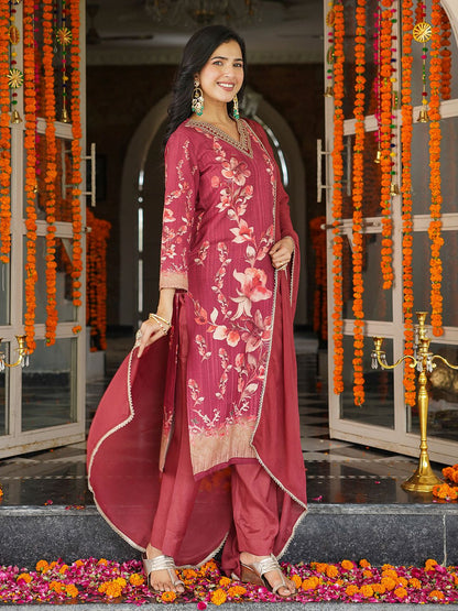 Dhiyona KL Floral Printed Sequinned V-Neck Straight Kurta With Trousers & Dupatta