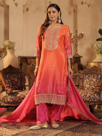 Bandhani Printed Straight Sequinned Kurta With Trousers & Dupatta