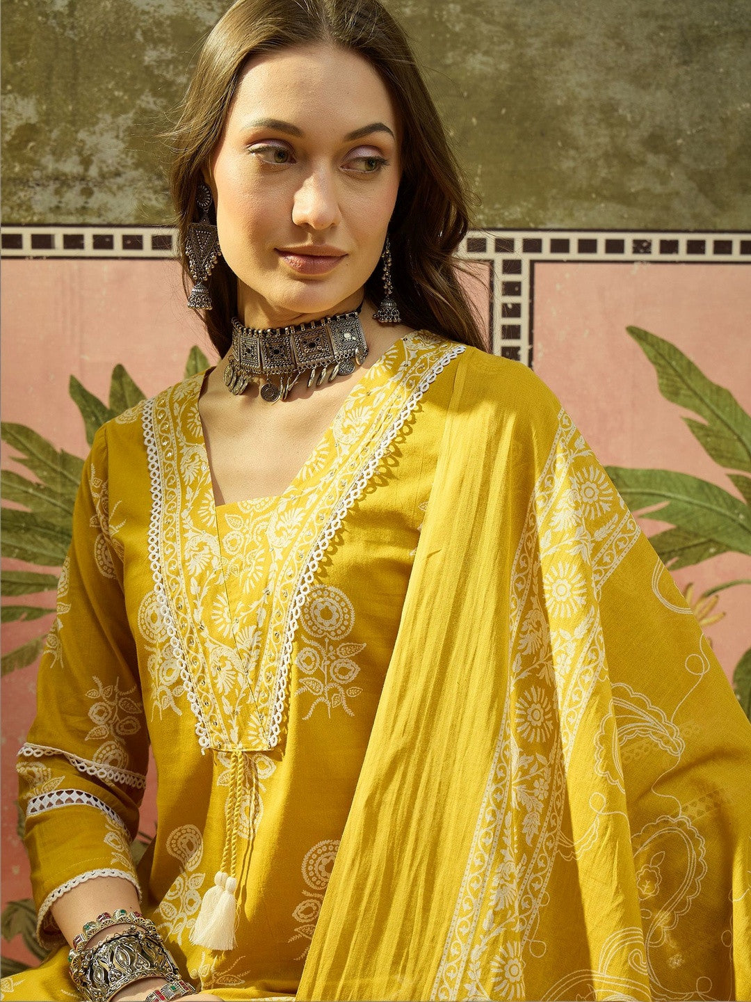 Embroidered Pure Cotton V-Neck Kurta & Trousers With Dupatta