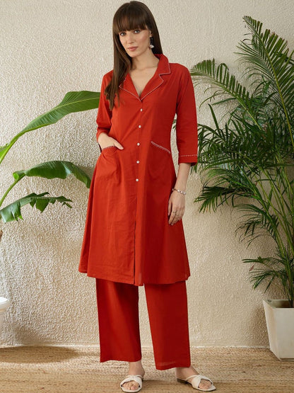 Dhiyona IE Printed Shirt Collar Three-Quarter Sleeves Pure Cotton Top With Trousers