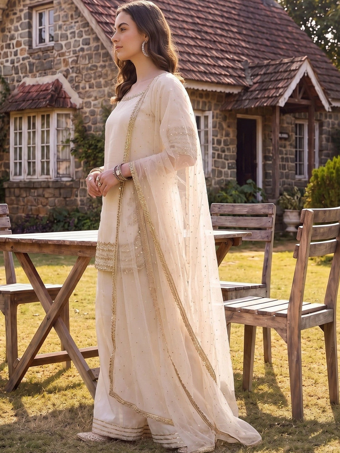 Women Ethnic Motifs Embroidered Regular Silk Chiffon Kurta with Sharara & With Dupatta