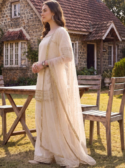 Women Ethnic Motifs Embroidered Regular Silk Chiffon Kurta with Sharara & With Dupatta