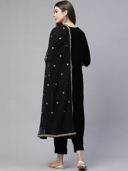 Dhiyona KL Women Ethnic Motifs Embroidered Regular Velvet Kurta with Trousers & With Dupatta