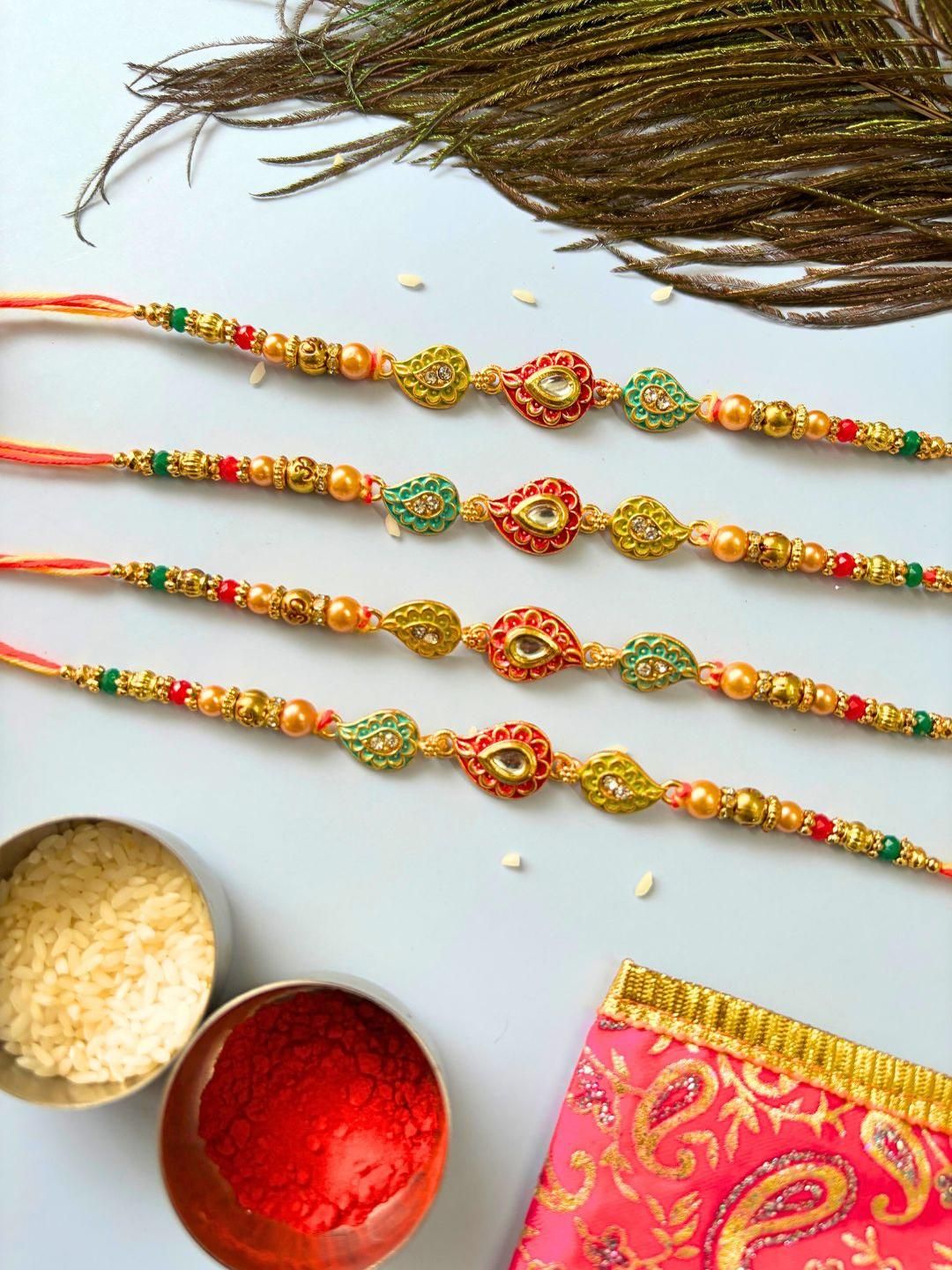 Dhiyona Unisex 4 Pieces Thread & Beaded Wraparound Rakhis