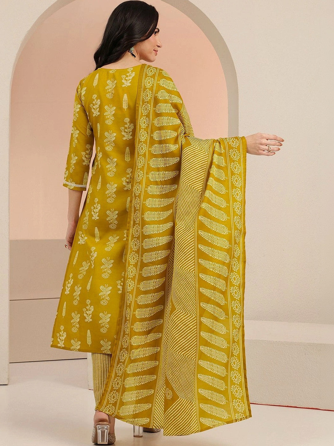 Mustard Floral Printed Cotton Blend Straight Suit Set