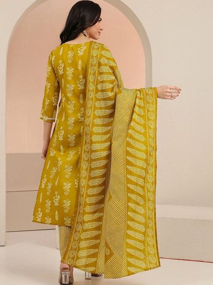 Mustard Floral Printed Cotton Blend Straight Suit Set