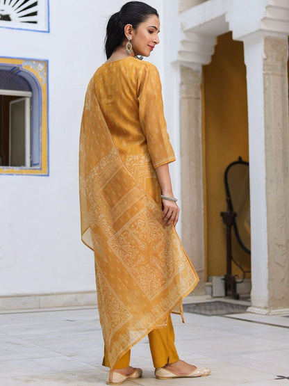 Dhiyona RR Women's Ethnic Motifs Printed Chanderi Cotton Kurta With Trousers & Dupatta