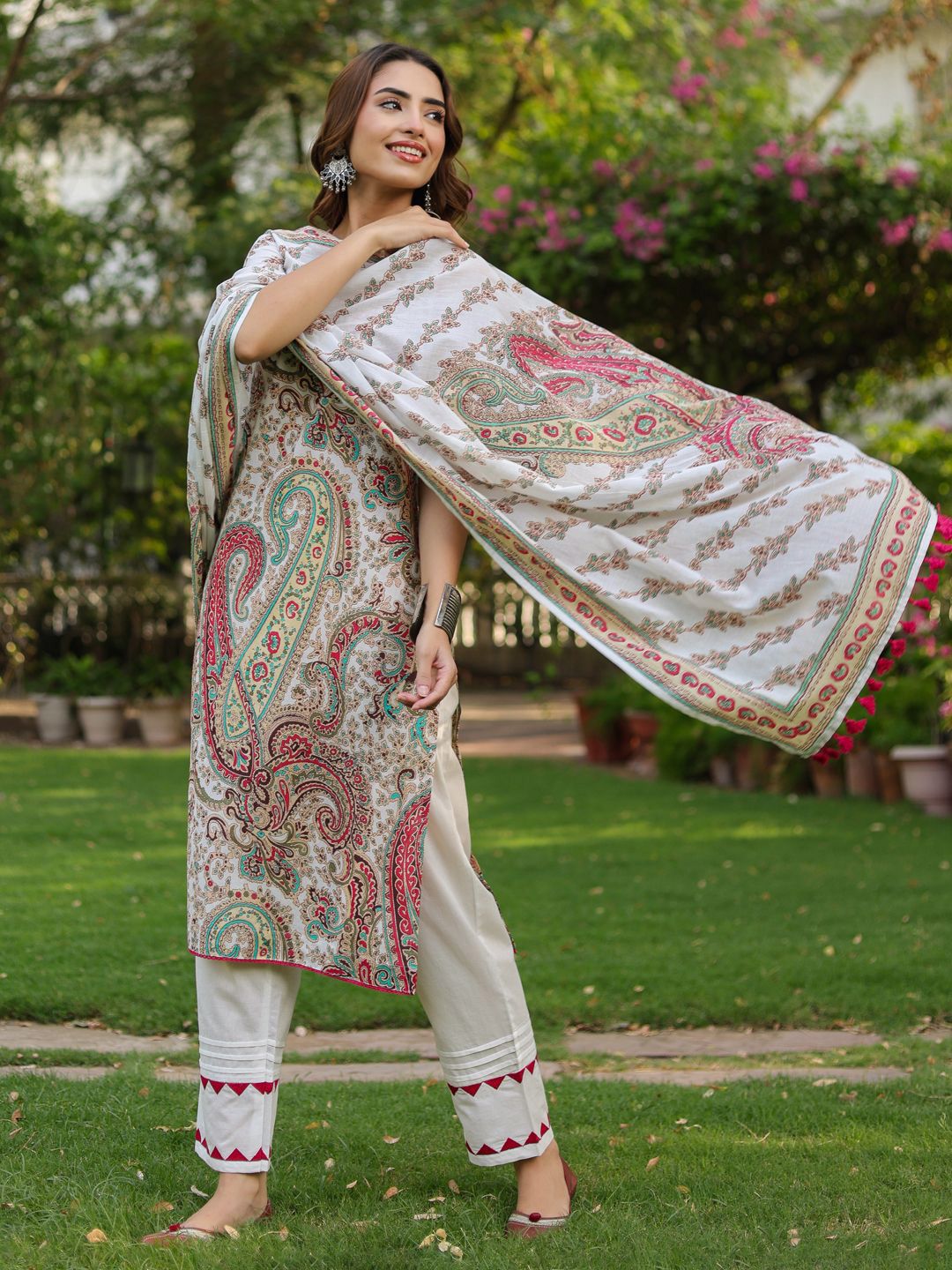 Dhiyona RR Women's Ethnic Printed Regular Pure Cotton Kurta With Trousers & Dupatta