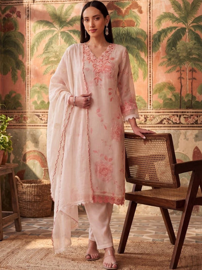 Women Floral Printed Regular Thread Work Kurta with Trousers & With Dupatta