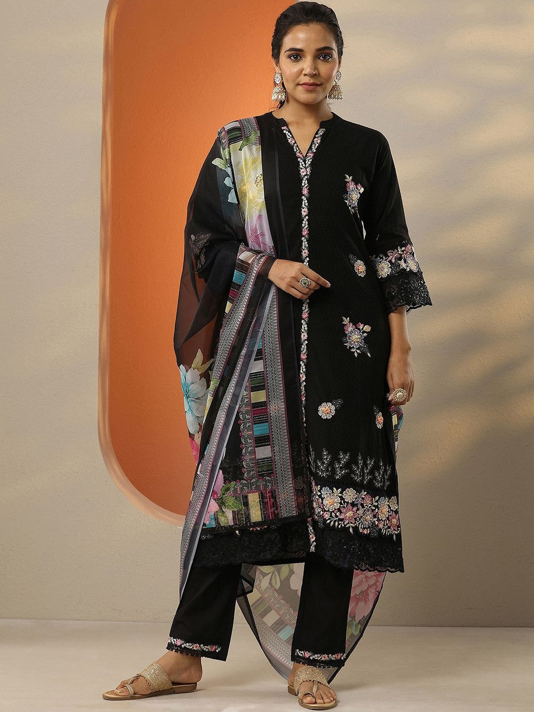 Floral Embroidered Thread Work Kurta With Trousers & Dupatta