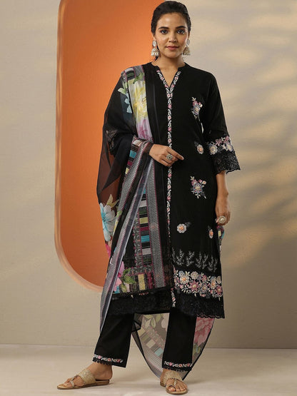 Floral Embroidered Thread Work Kurta With Trousers & Dupatta
