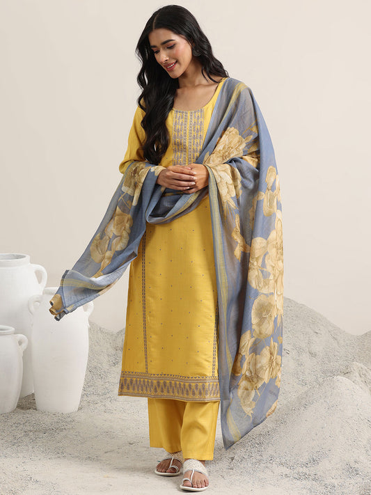 Floral Woven Design Sequinned Straight Kurta with Palazzos & Dupatta