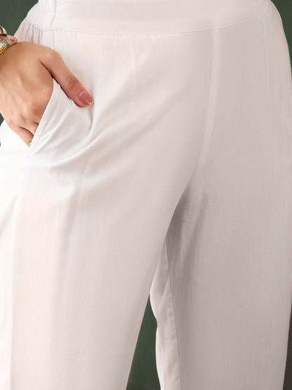 Dhiyona SN Women's White Floral Embroidered V-Neck Mirror Work Pure Cotton Kurta with Trousers