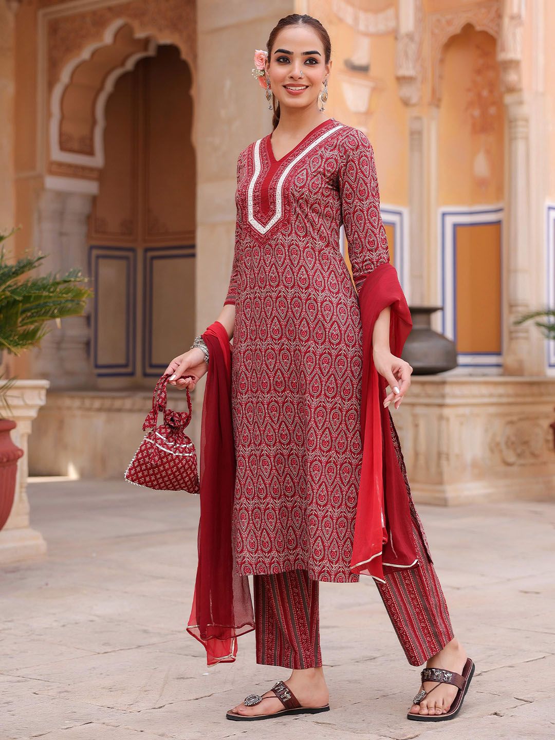 Dhiyona RR Women's Ethnic Motifs Printed Regular Pure Cotton Kurta with Trousers & With Dupatta