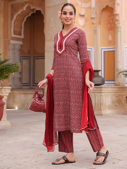 Dhiyona RR Women's Ethnic Motifs Printed Regular Pure Cotton Kurta with Trousers & With Dupatta