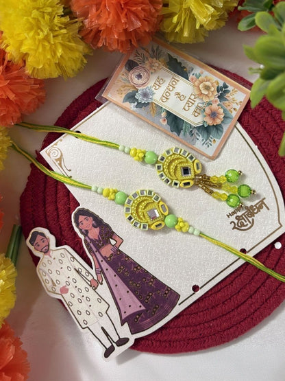 Dhiyona Set Of 2 Artificial Beads Mirror Work Bhaiya Bhabhi Rakhi With Roli Chawal Chandan