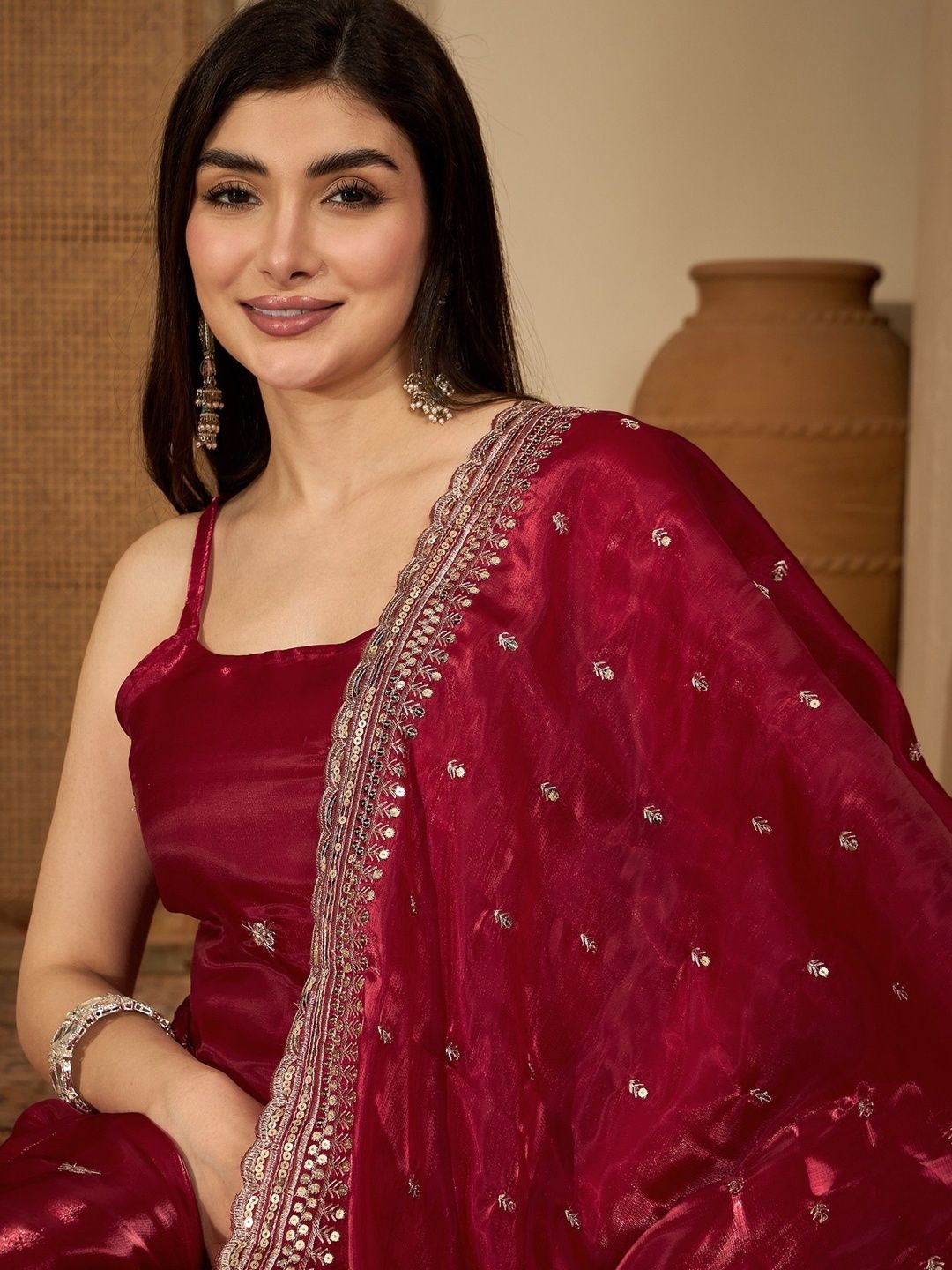 Dhiyona SN Ethnic Motifs Embroidered Round Neck Thread Work Kurta With Palazzos & Dupatta