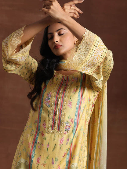Dhiyona LL Floral Printed Notch Neck Beads And Stones Straight Kurta With Palazzos And Dupatta