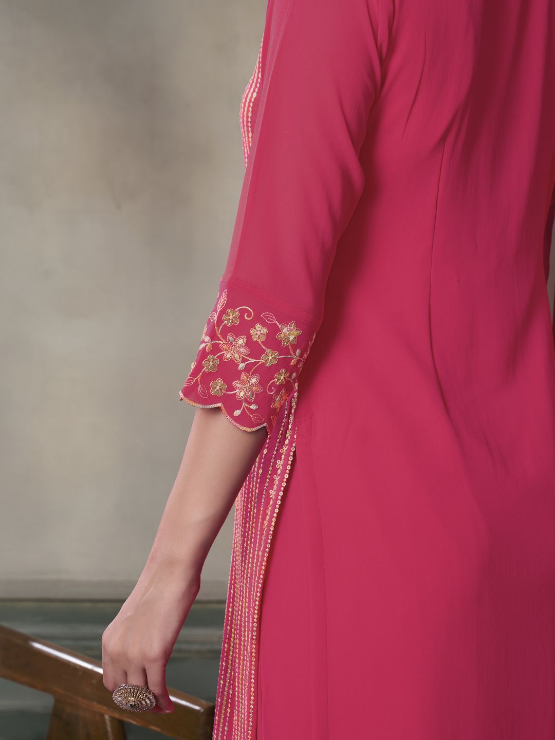 Dhiyona IN Floral Embroidered Sequinned Straight Kurta With Palazzos & Dupatta