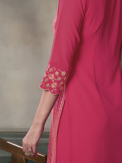 Dhiyona IN Floral Embroidered Sequinned Straight Kurta With Palazzos & Dupatta