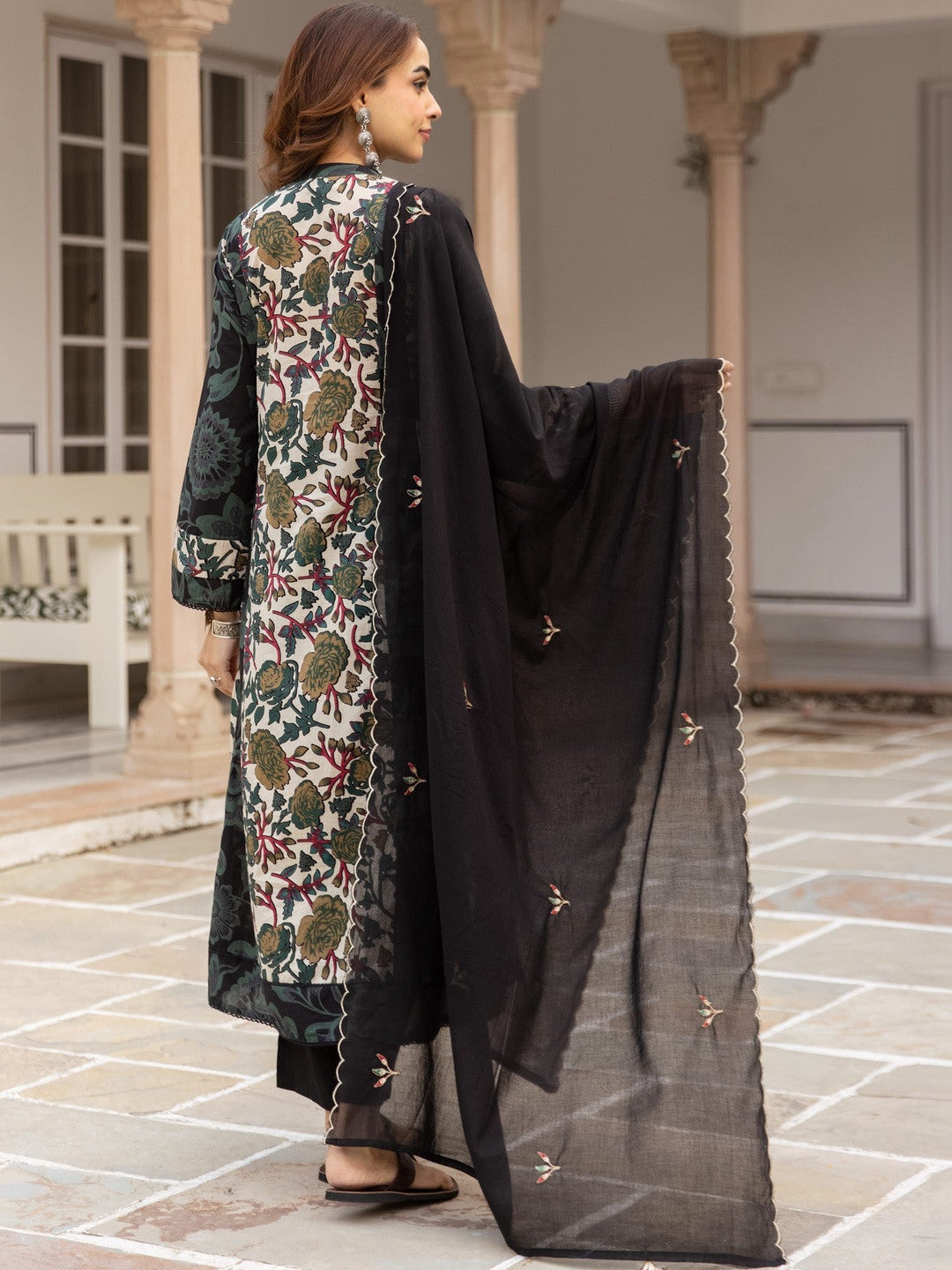 Printed Pure Cotton A-Line Kurta With Trousers & Dupatta