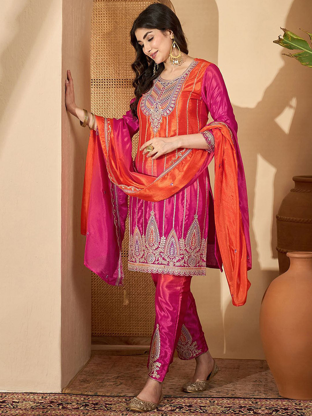 Dhiyona SN Zari Sequence Embroidered Straight Kurta With Trouser & Dupatta