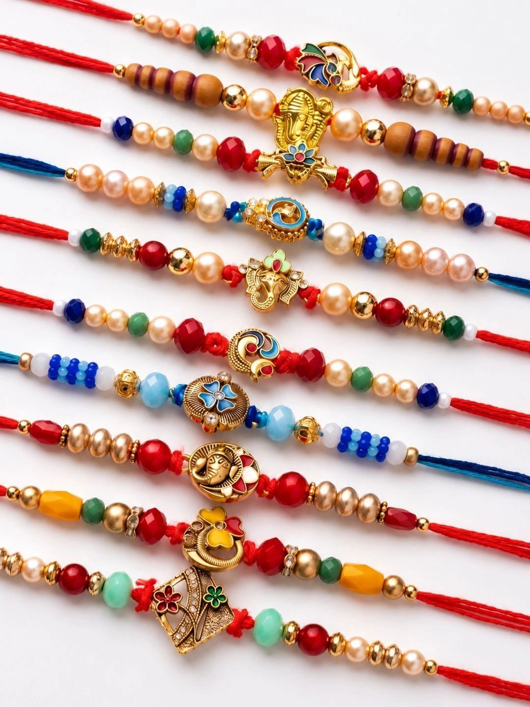 Dhiyona Set Of 10 Artificial Stones & Beads Thread Rakhi With Roli Chawal Chandan Mishri
