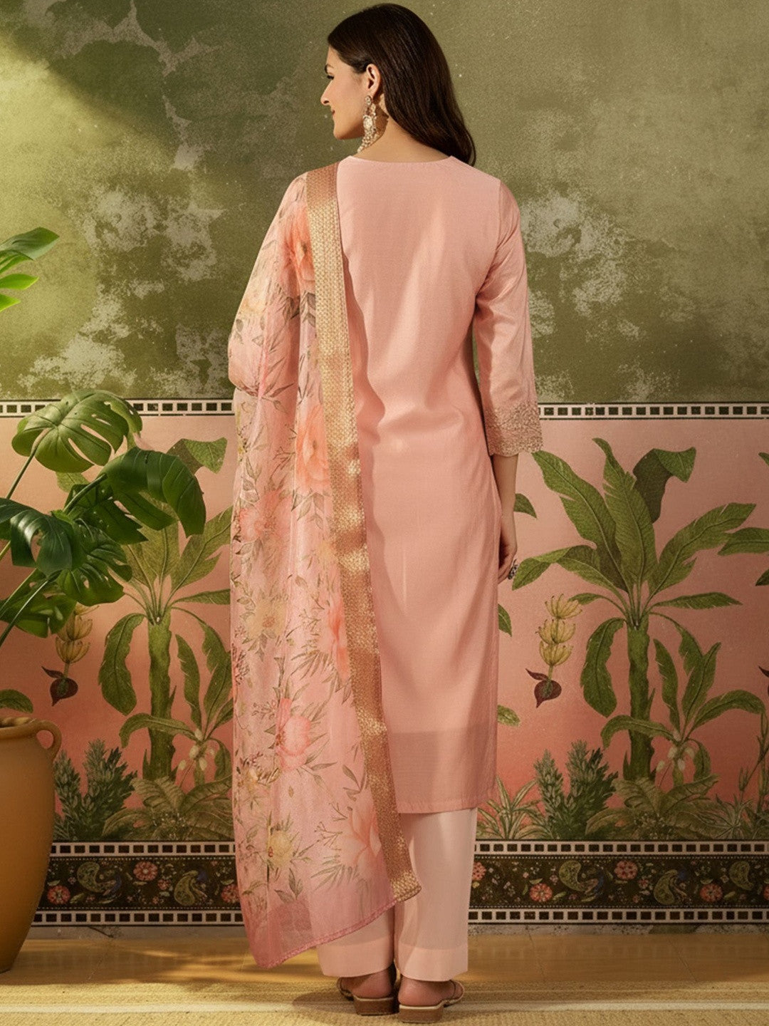 Embroidered Round Neck Kurta & Trousers With Dupatta